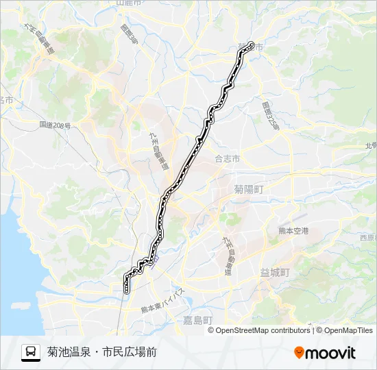 C1-3：蓮台寺入口→熊本駅前→桜町バスターミナル→水道町→坪井→堀川→御代志→菊池温泉 バスの路線図