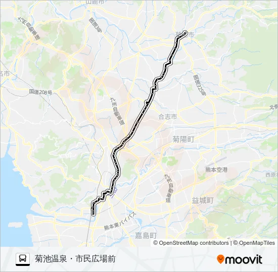 C3-3：蓮台寺入口→熊本駅前→桜町バスターミナル→水道町→坪井→山室→御代志→菊池温泉 バスの路線図