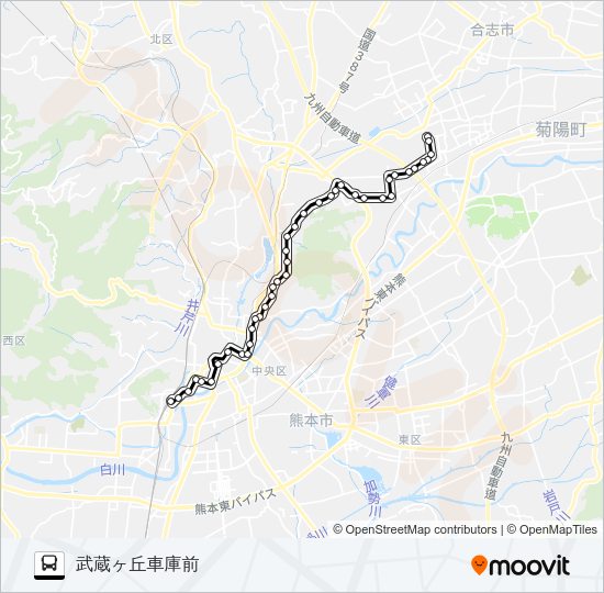 C9-3：熊本駅前→桜町バスターミナル→水道町→三軒町→清水ヶ丘→楠団地→武蔵ヶ丘車庫前 Bus Line Map