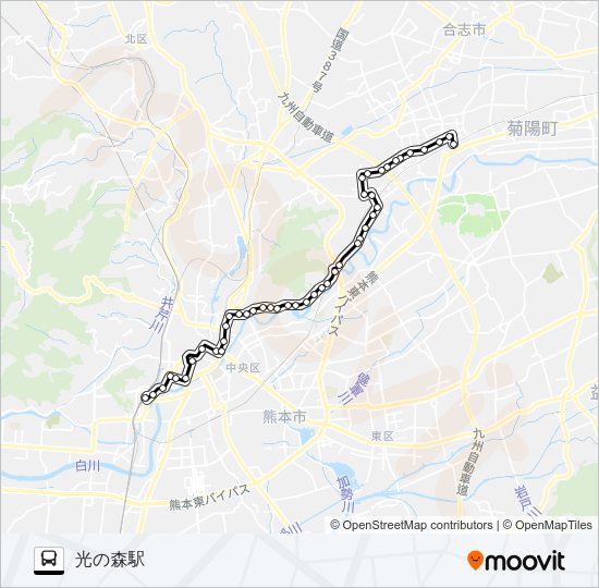 E2-2：熊本駅前→桜町バスターミナル→水道町→子飼橋→竜田口駅前→二里木→楠団地→光の森駅 Bus Line Map