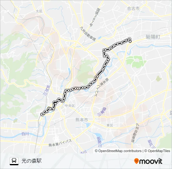 E2-2：熊本駅前→桜町バスターミナル→水道町→子飼橋→竜田口駅前→二里木→楠団地→光の森駅 バスの路線図