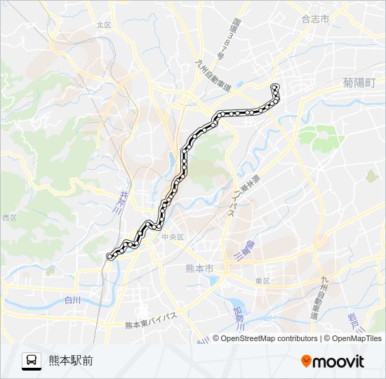 C7-3：武蔵ヶ丘車庫前→楠団地→麻生田小→清水ヶ丘→三軒町→水道町→桜町バスターミナル→熊本駅前 Bus Line Map
