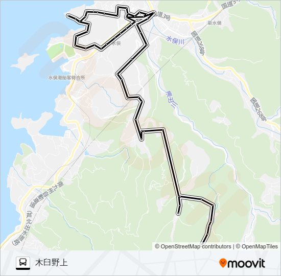 水俣市役所→→木臼野上 Bus Line Map