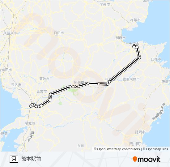 特急：大分→九産→熊本駅 Bus Line Map
