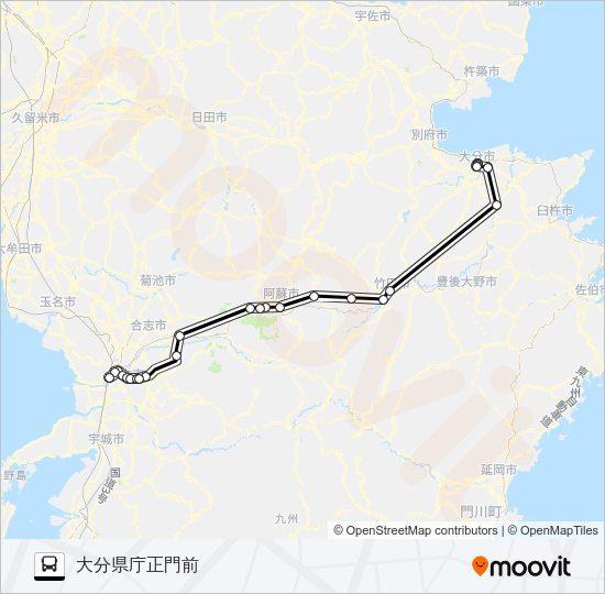 特急：熊本駅→九産→大分 Bus Line Map