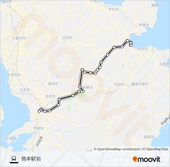 別府→黒川～阿蘇→熊本駅前 Bus Line Map