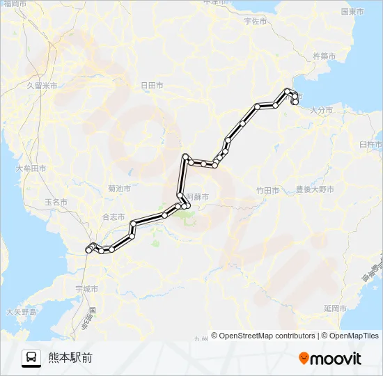 別府→黒川～阿蘇→熊本駅前 バスの路線図
