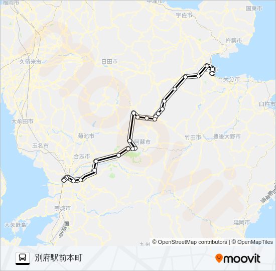 熊本駅前→阿蘇～黒川→別府 Bus Line Map