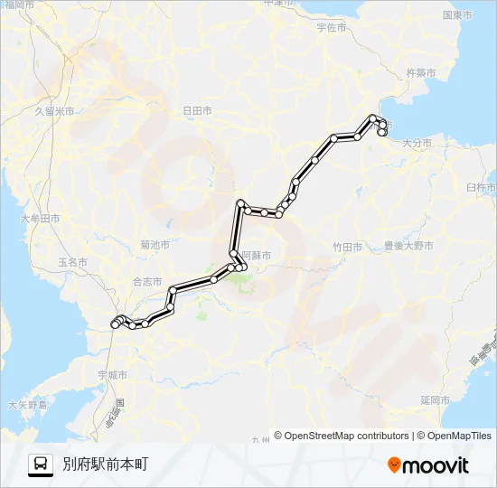 熊本駅前→阿蘇～黒川→別府 バスの路線図