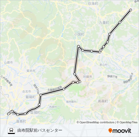 熊本駅前→阿蘇～黒川→由布院 Bus Line Map