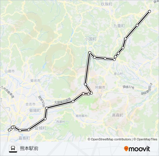 由布院→黒川~阿蘇→熊本駅前 Bus Line Map