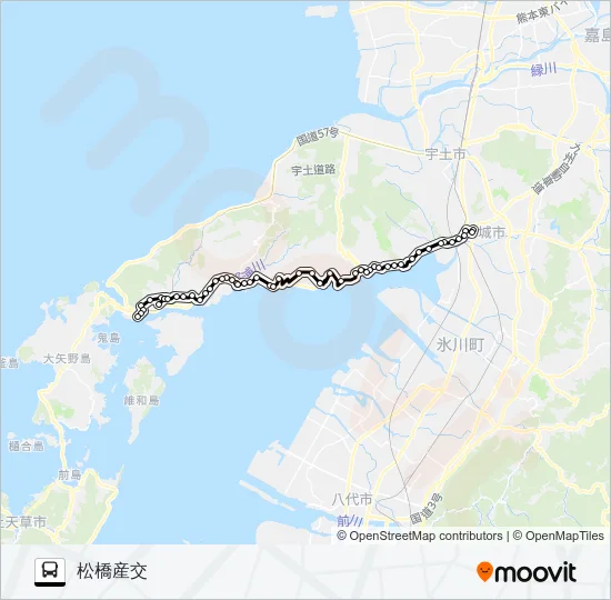 三角産交→三角病院～大口→松橋 バスの路線図