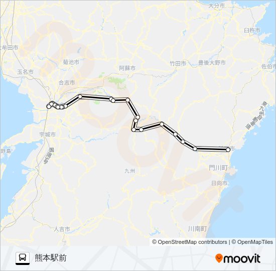 延岡駅→高森～高千穂→熊本駅前 Bus Line Map