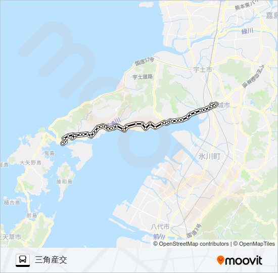 松橋→大口～三角病院→三角産交 Bus Line Map