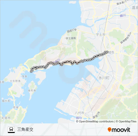 松橋→大口～三角病院→三角産交 バスの路線図
