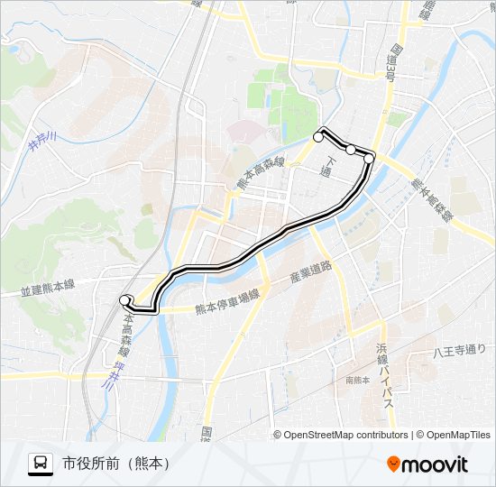 熊本駅前→通町直行便→市役所前 Bus Line Map