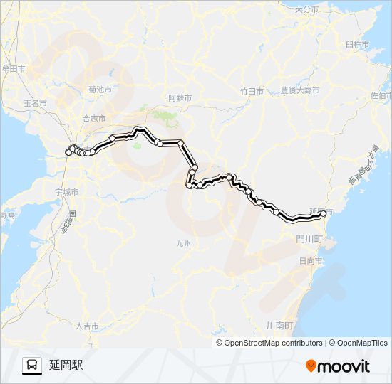 熊本駅前→高千穂～高森→延岡駅 Bus Line Map