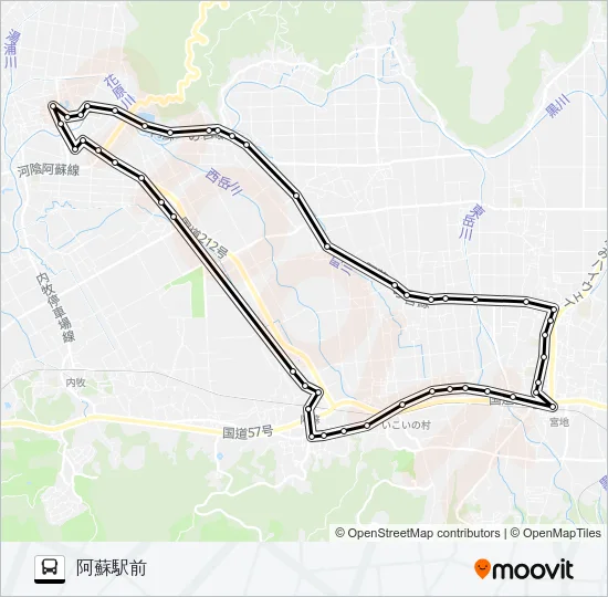 1：阿蘇駅前→道尻～宮地→阿蘇駅前 バスの路線図