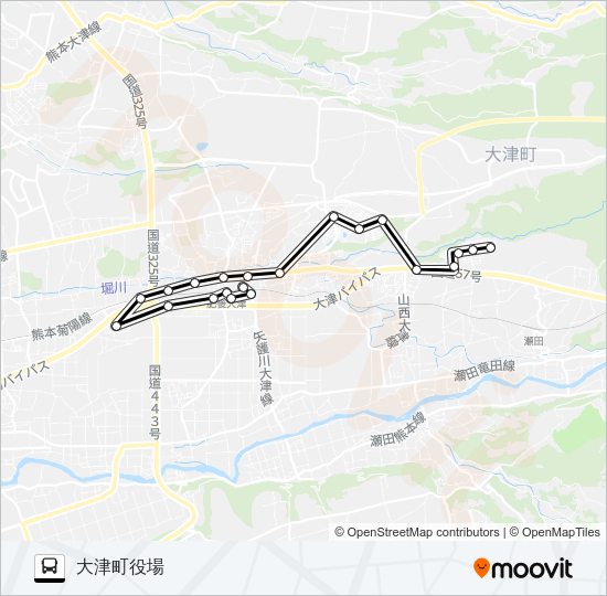 吹田団地→美咲野小学校→大津町役場 Bus Line Map