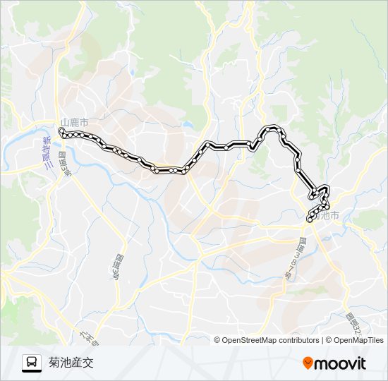 山鹿温泉→十三部～遊蛇口→菊池産交 Bus Line Map