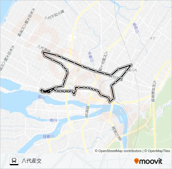 R1：八代産交→右回～萩原→八代産交 バスの路線図