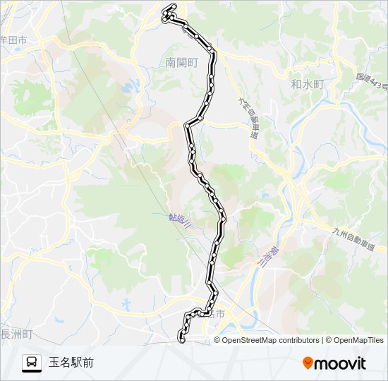 南関上町→坂下～北稜高校前→玉名駅前 Bus Line Map