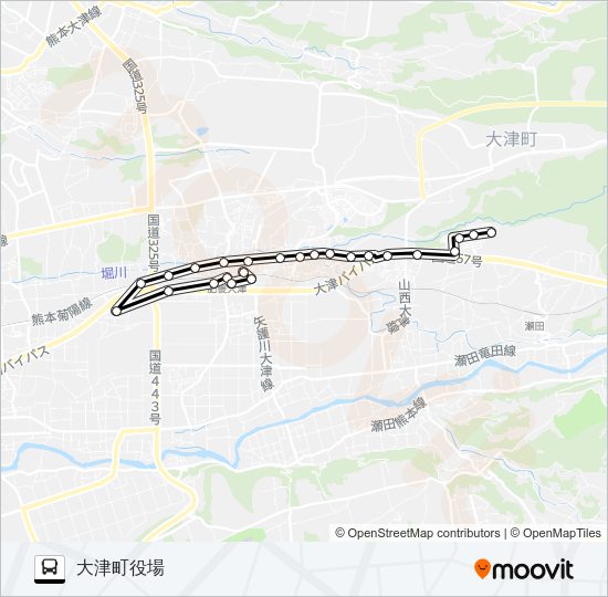 吹田団地→セントラル病院→大津町役場 Bus Line Map
