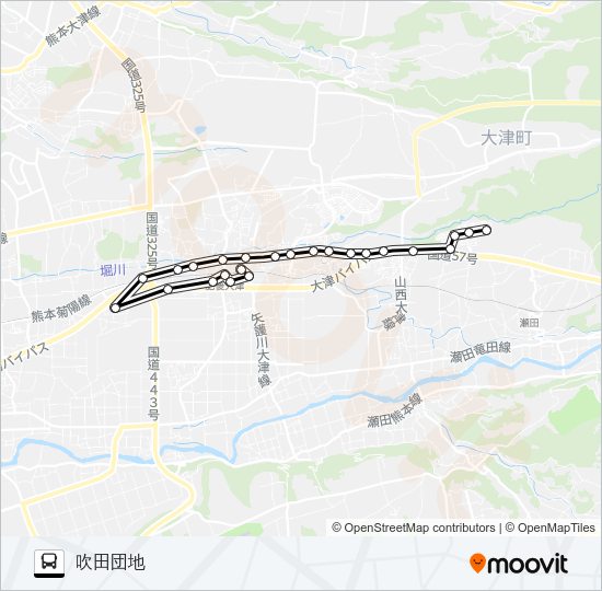 大津町役場→セントラル病院→吹田団地 Bus Line Map