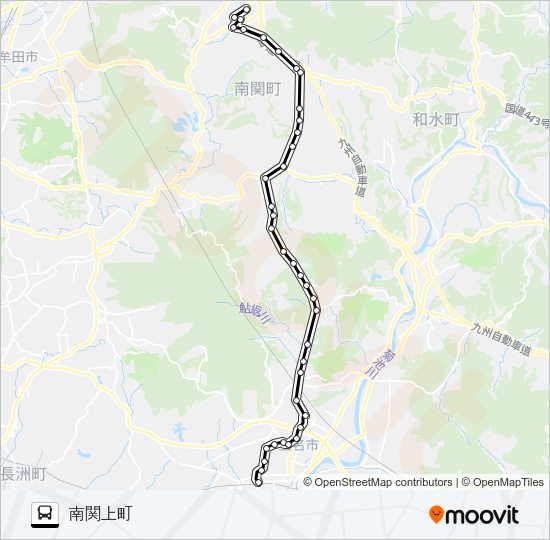 玉名駅前→北稜高校前～坂下→南関上町 Bus Line Map