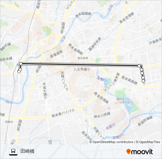 東町中学西口→自衛隊～熊本駅前→田崎橋 Bus Line Map