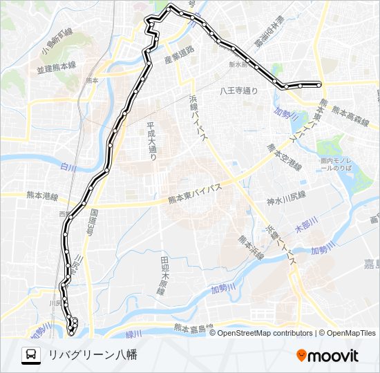 R1-1：北窪→県庁前～川尻市道→川尻町 Bus Line Map