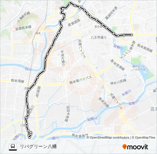 R1-1：北窪→県庁前～川尻市道→川尻町 バスの路線図