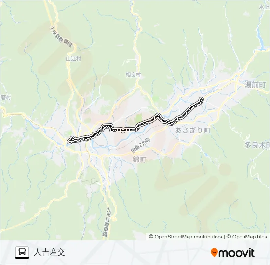 多良木駅前→球磨支援学校・木上→人吉産交 バスの路線図