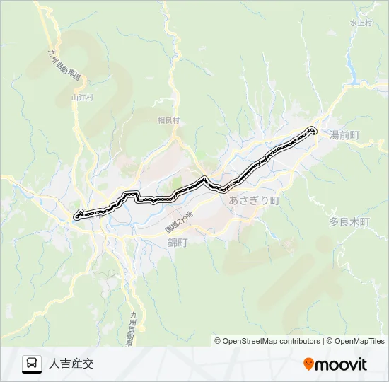 湯の前駅→木上～多良木～湯前駅→人吉産交 Bus Line Map