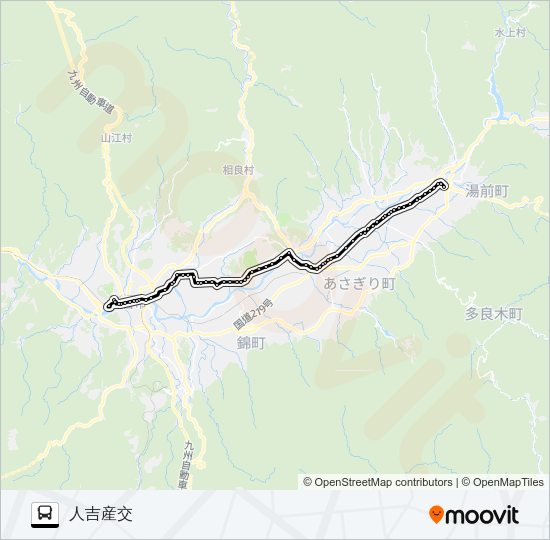 湯の前駅前→多良木～木上学校前→人吉産交 Bus Line Map
