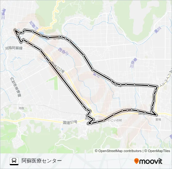 2：阿蘇駅前→宮地～道尻→阿蘇医療センター バスの路線図