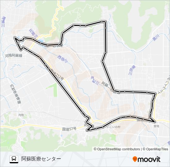 4：阿蘇駅前→宮地～山田→阿蘇医療センター Bus Line Map