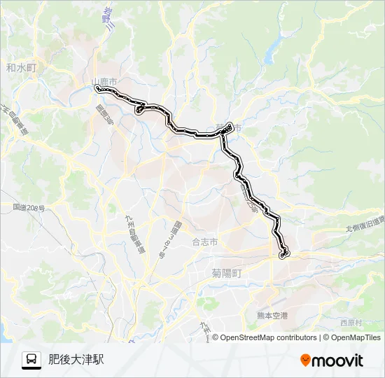 山鹿温泉→水辺プラザ～翔陽高校→肥後大津駅 バスの路線図