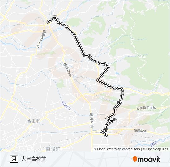 菊池産交→矢護川～大津北中学校→大津高校前 Bus Line Map