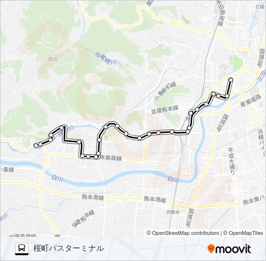 T2-1：小島産交→西高→桜町バスターミナル Bus Line Map