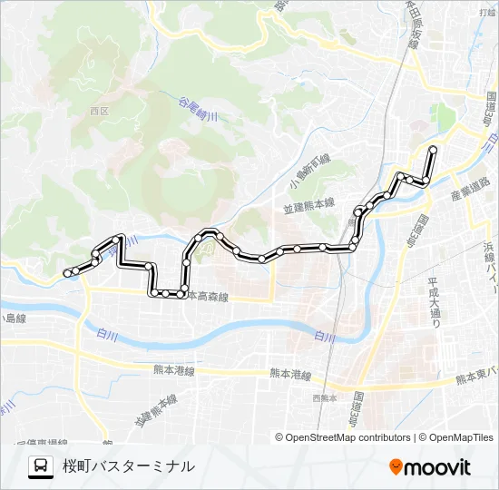 T2-1：小島産交→西高→桜町バスターミナル バスの路線図