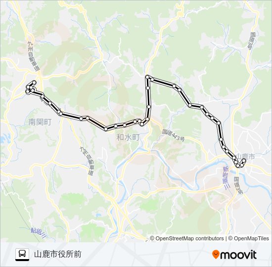 南関上町→三加和温泉～平山温泉→山鹿市役所前 Bus Line Map
