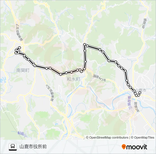 南関上町→三加和温泉～平山温泉→山鹿市役所前 Bus Line Map