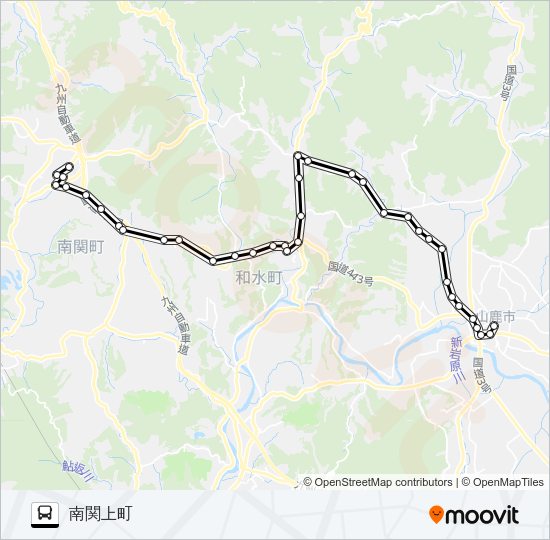 山鹿市役所前→平山温泉～三加和温泉→南関上町 Bus Line Map