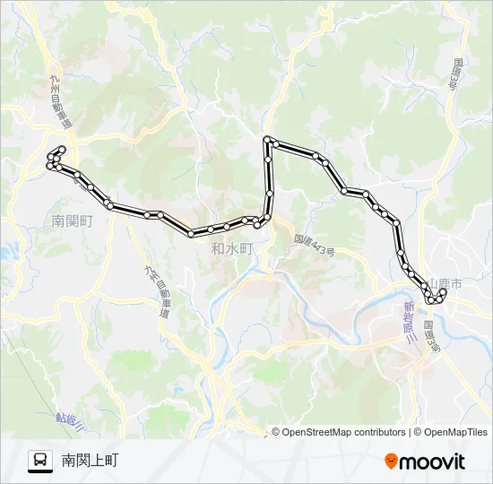 山鹿市役所前→平山温泉～三加和温泉→南関上町 バスの路線図