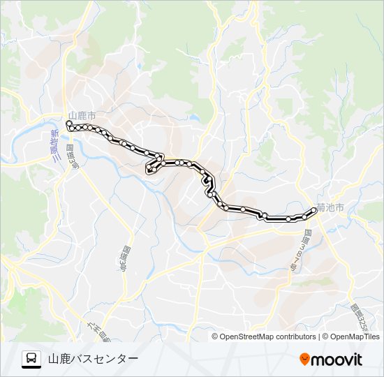 菊池プラザ→水辺プラザ～鹿本農高前→山鹿温泉 Bus Line Map