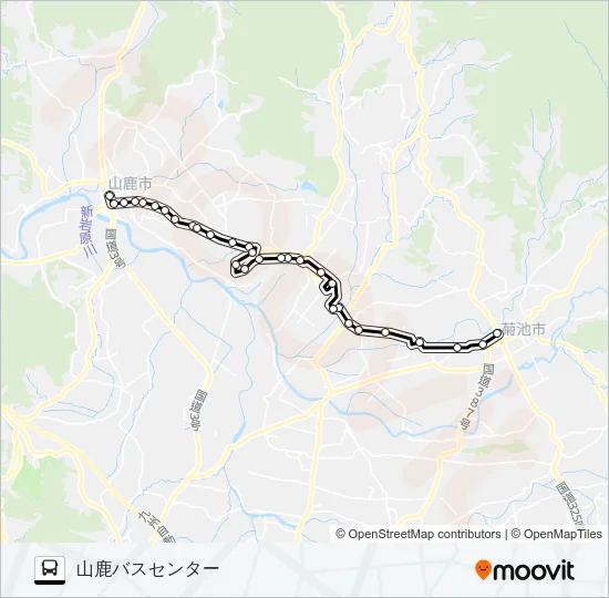 菊池プラザ→水辺プラザ～鹿本農高前→山鹿温泉 Bus Line Map