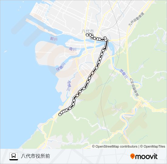 12：日奈久下西町→敷川内～高田→八代市役所前 Bus Line Map