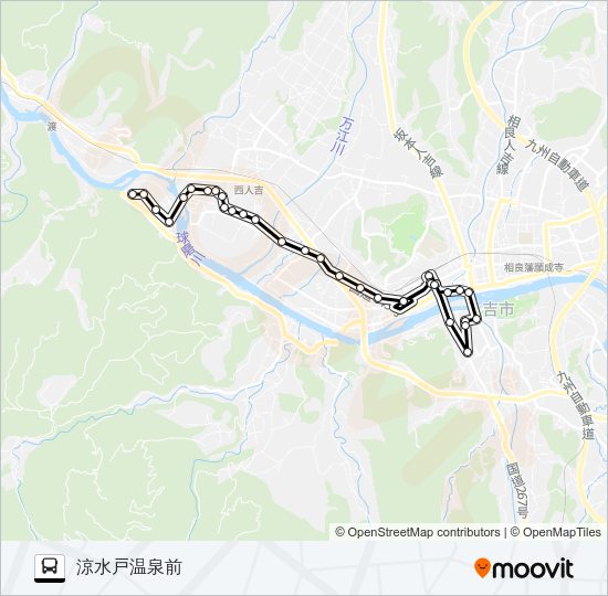 人吉産交→医療センター～中神町段→涼水戸温泉前 Bus Line Map