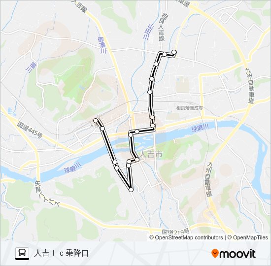 人吉駅前→医療センター～九日町→人吉ＩＣ乗降口 Bus Line Map